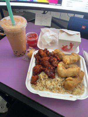 General Tzo, Sweet and Sour Chicken, Thai Boba, and fried rice.