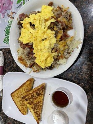 egg skillet pick four, sausage , bacon, mushrooms, cheese . 3 scrambled eggs. French toast potatoes. Y