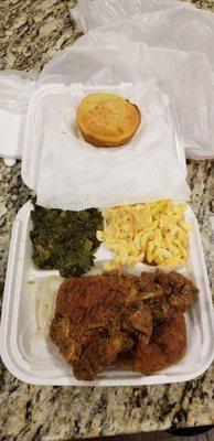 Fried Pork Chop Plate with Collard Greens, Mac and Cheese, and Cornbread