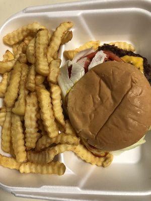 Cheeseburger and fries to go.