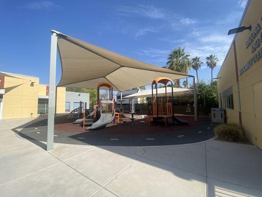 A sunny day on the Upward playground, which is adaptive for various physical abilities for our inclusive and special needs programs.