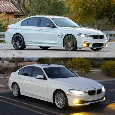 Before and after photos of custom front bumper, fenders, side skirts, and rear bumper install in alpine white to match car perfectly.