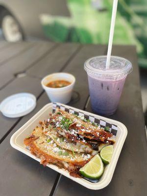 Quesabirria tacos // Ube black sesame horchata