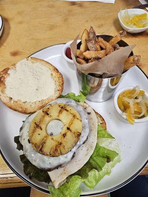 Hawaiian burger with fries