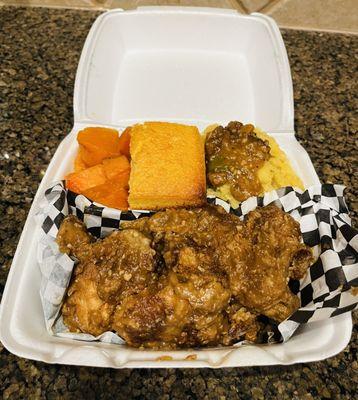 Smothered Chicken, Mashed Potatoes, Cornbread and Yams