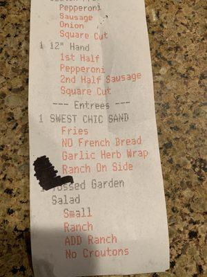 Receipt which does indicate fries with my sandwich.