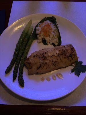 Miso Cod with orzo and asparagus.  What a treat!  The flavor was unbelievable and my "I don't like fish" table mates agreed.