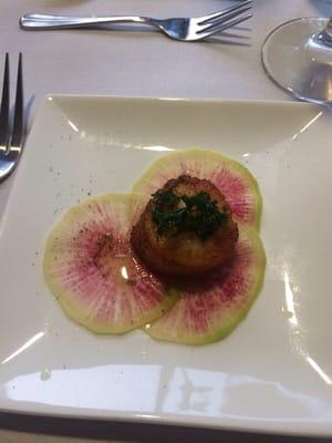 Sear scallop with Waterloo radishes