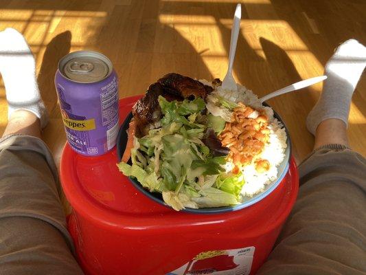 Just a little bit went a long way! Rice beans chicken and salad