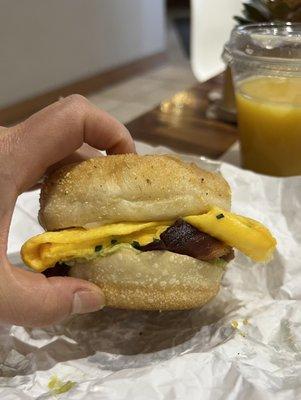 Bacon, Egg, and Cheese sandwich with avocado added (the avocado is more of a guacamole versus whole avocado slices).