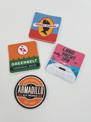 Vinyl square stickers with rounded edges for Armadillo Ale Works.