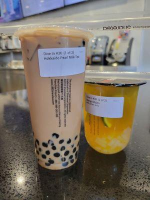 Hokkaido pearl milk tea and Mango mojito w/ lychee jelly