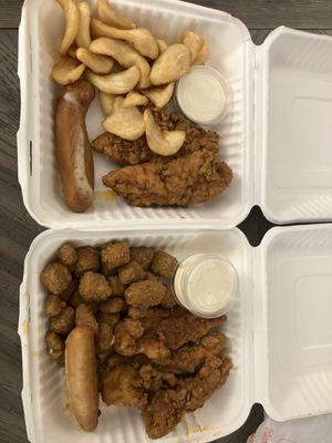 Nashville mild and Nashville hot, breadstick, and cheese curds/fries. The breadstick is random, but crispy and good.