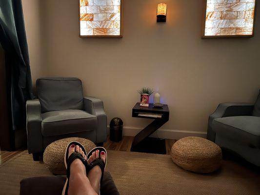 Relaxation room & waiting on my champagne to unwind a bit before my massage and facial. So happy to be here today!