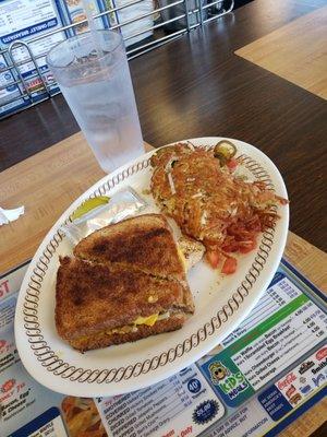 Grilled chicken melt plate on wheat. Hashbrowns smothered, diced and peppered