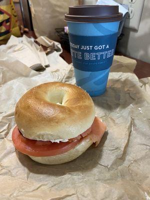 Salmon bagel sandwich and chocolate mint latte