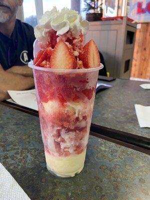 Strawberry snow cone with vanilla icecream. Also has condensed milk and whipped cream.