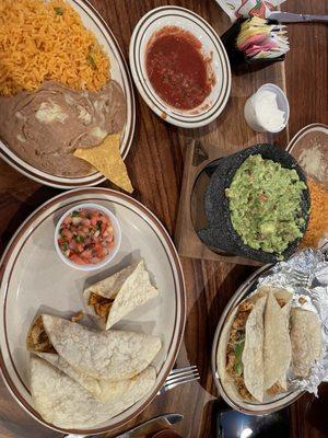 Tacos, fresh guacamole, beans and rice (the rice is surprisingly delicious!)