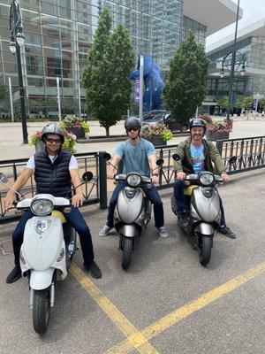 At the parking lot picking up the scooters and Marius first ride! He loved it !