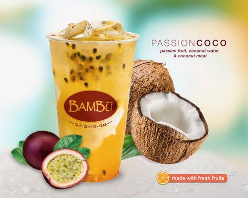 Refreshing, delicious, Fresh coconut juice&freshPassionfruit, topped with fresh coconut meat.