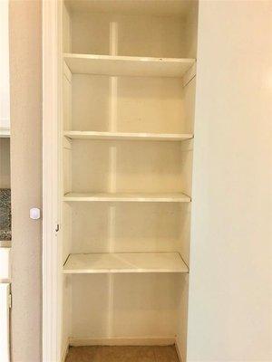 Empty kitchen shelves.