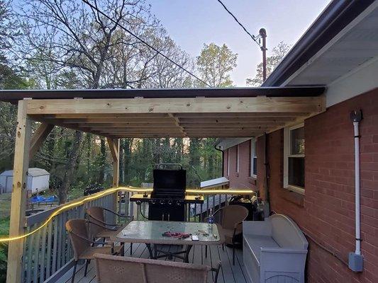 Shed roof built out of wood with a tin roof