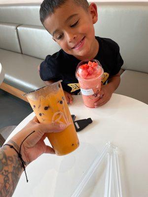 Thai tea with boba and watermelon slush