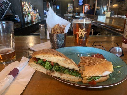 Heaven garlic+ broccoli rabe + perfect chicken breast and red peppers and melted cheese- ice cold amber lager