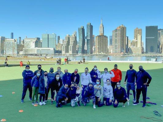 The fit fam after one of our 'Bootcamp in the Park' classes at Hunters Point South Park.