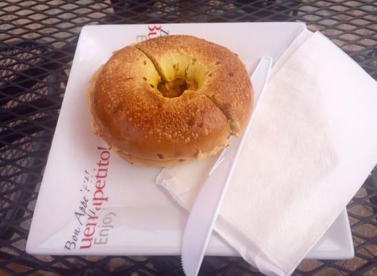 Onion bagel with hummus.