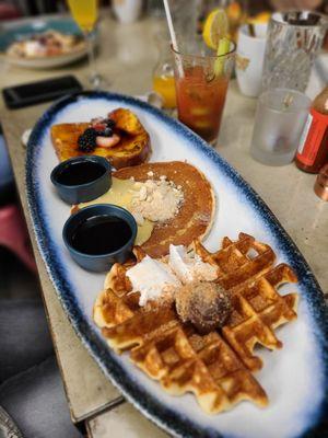 Breakfast Co. Flight- S'Mores Waffle- Tiramisu Pancake- Creme Brulee French Toast.