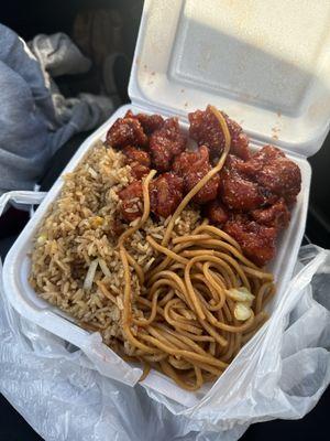 Orange chicken chow mein and fried rice