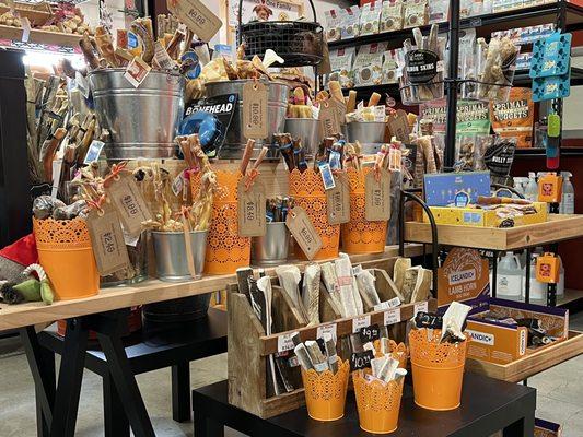 We have over a hundred chew options in our store, including bully sticks, antlers, rawhide alternatives, beef cheeks, & more!