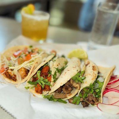 Tacos: shrimp, chicken and carnasada