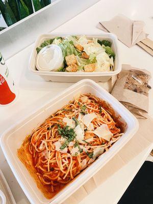 Takeout spaghetti pomodoro, caesar salad, and a cookie.  solid 8/10