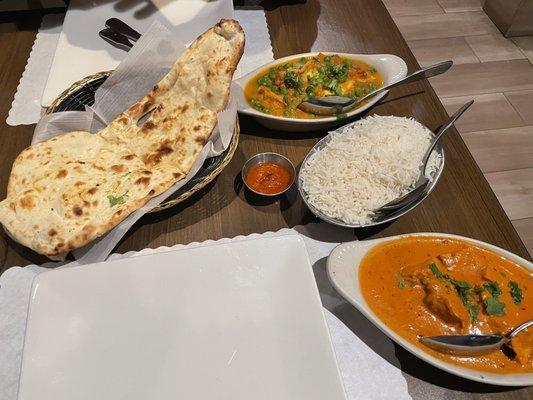 Chicken Tikka Masala, Matar Paneer, Basmati Rice, Butter Naan