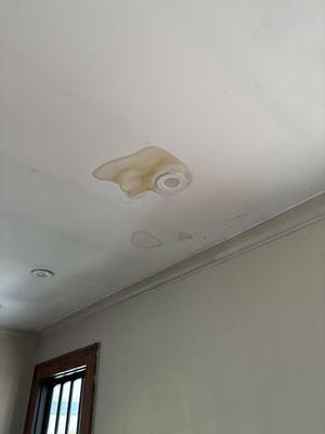 Rain stain seeping through the ceiling. Got worse and pooled behind the paint on the wall.