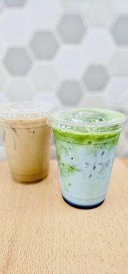 Vanilla latte and Blue jasmine matcha almond latte