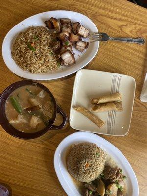 From top: pork belly, lumpia, pork soup, and chicken adobo