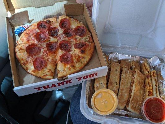 Small pepperoni pizza & pepperoni stuffed breadsticks