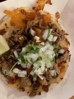 Mulitas - a street taco- the 2 tortillas  have cheese melter between them and make the base layer. It's a $1 more then the street taco.