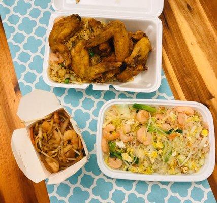 34. Shrimp Lo Mein / A1. Chicken Wings Special with Fried Rice / 38. Shrimp Mein Fun - Dinner Spread