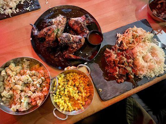 Rasta Pasta, Wood Smoked Whole Jerk Wings, Fiyah Corn, Wood smoked jerk jackfruit Dinna