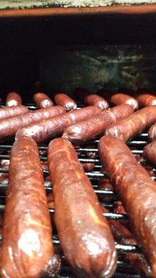 Polish sausage hot out of the smoker