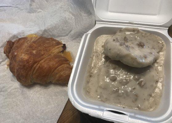 Ham and Cheese Croissant and small Sausage Gravy Biscuit