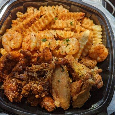 Lemon pepper wings, jerk chicken tenders, shrimp and french fries