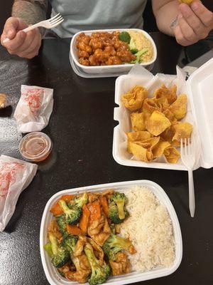 Orange chicken combo, crab rangoon, and chicken & broccoli combo