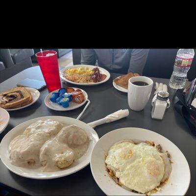 Breakfast bowl, biscuits and gravy, 2 egg breakfast