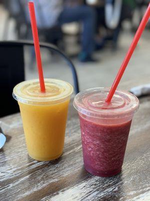 Mango and blackberry drinks blended with ice.