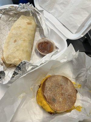 Breakfast burrito and English muffin sandwich